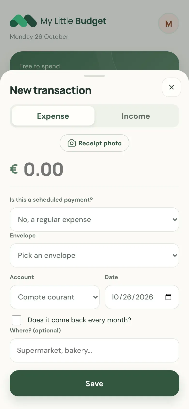 Nuova operazione: importo, busta, conto, data, pulsante foto dello scontrino