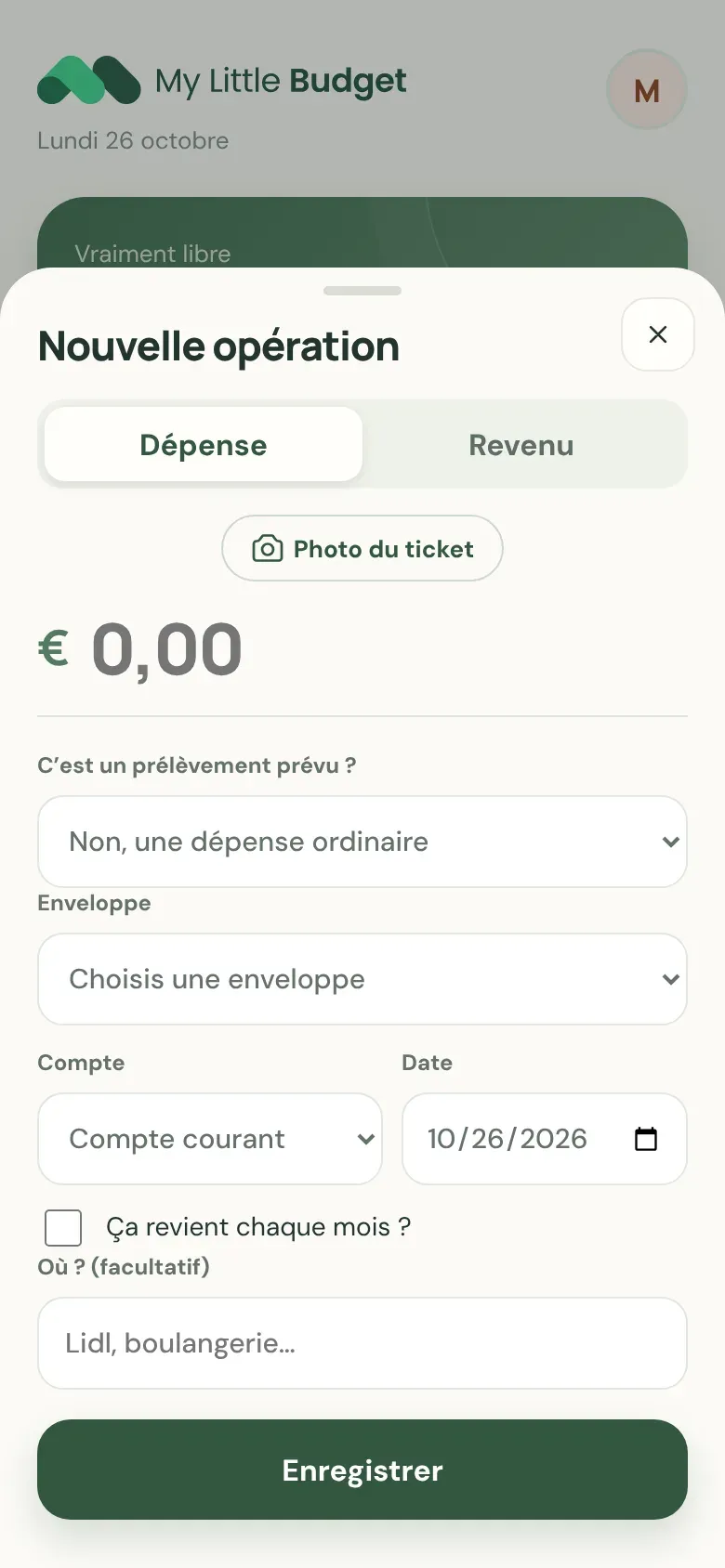 Nouvelle opération : montant, enveloppe, compte, date, bouton photo du ticket